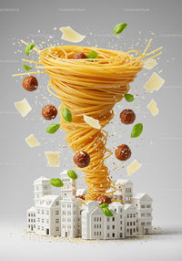 Spaghetti Tornado Twisting Over Miniature Cityscape