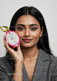 Elegant Woman Holding Fresh Dragon Fruit for Natural Skincare