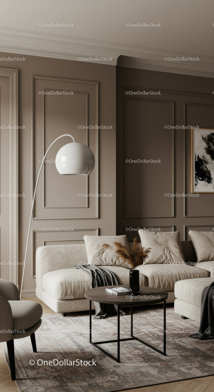 Elegancki, nowoczesny salon z beżową sofą i minimalistycznym wystrojem