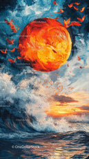 Vivid Sunset Over Turbulent Ocean Waves with Dramatic Sky