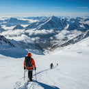 Snowy Mountain Landscape with Trekking Hikers and Cloudy Sky