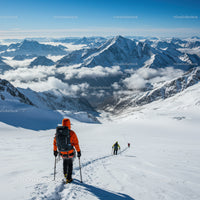 Snowy Mountain Landscape with Trekking Hikers and Cloudy Sky