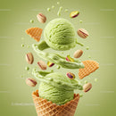 Two scoops of pistachio ice cream with nuts and wafers