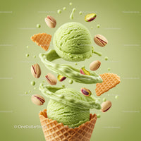 Two scoops of pistachio ice cream with nuts and wafers