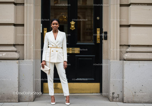 Confident woman in elegant white suit standing outdoors
