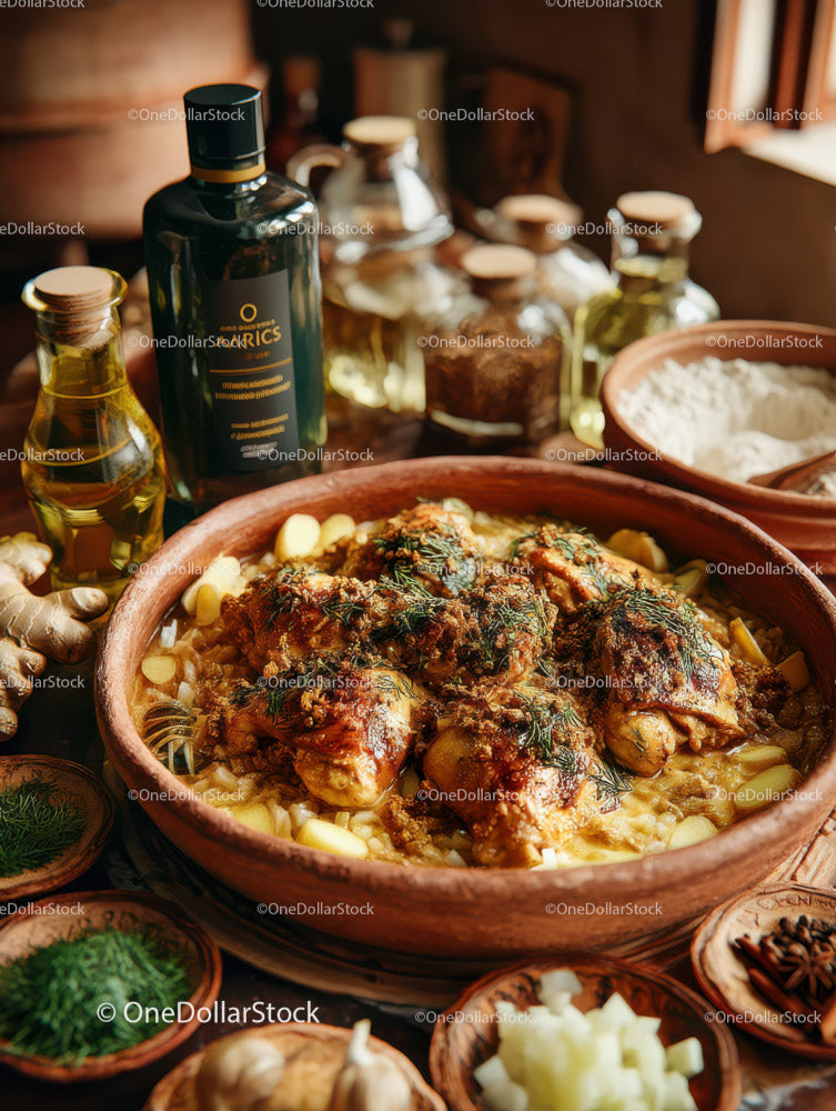 Herb-Seasoned Roast Chicken Cooking in Rustic Kitchen