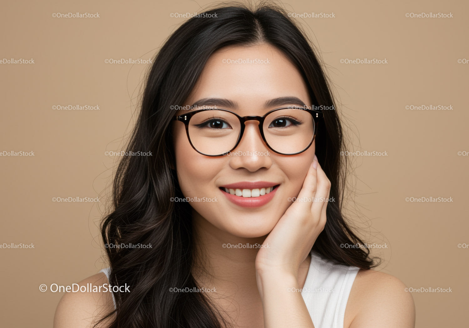 Portrait of Smiling Young Woman with Glasses and Long Dark Hair