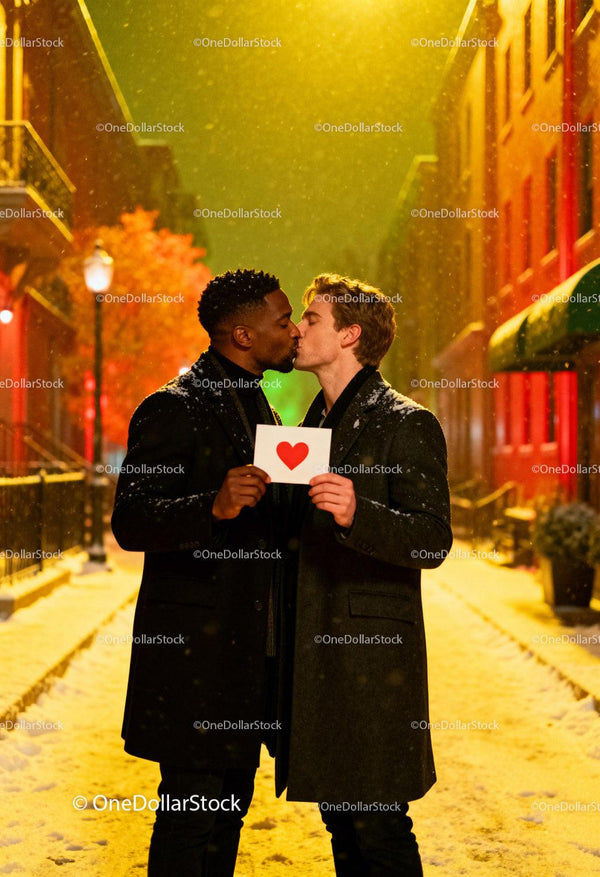 Romantic Winter Kiss with Heart Card on Snowy Street