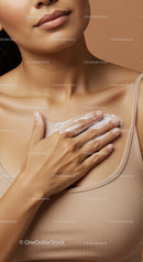 Close-Up of Woman Applying Cream on Neck with Soft Beige Background