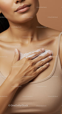 Close-Up of Woman Applying Cream on Neck with Soft Beige Background
