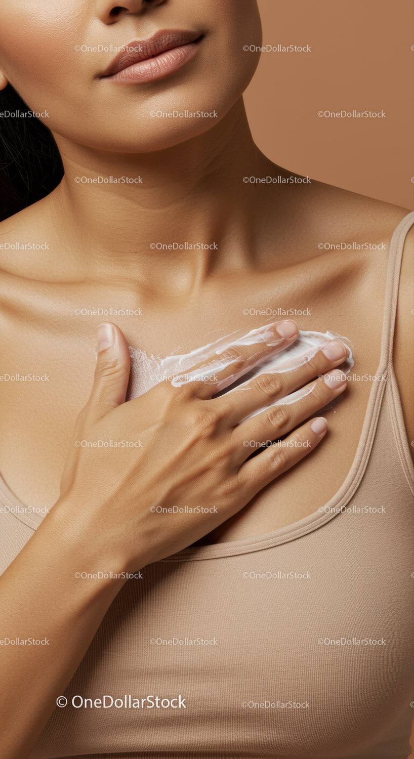 Close-Up of Woman Applying Cream on Neck with Soft Beige Background