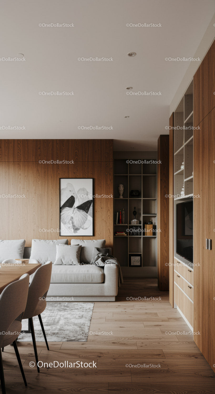 Nowoczesny salon z przytulną szarą sofą i drewnianymi akcentami