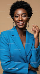 Confident Young African American Woman in Blue Blazer with Bright Smile