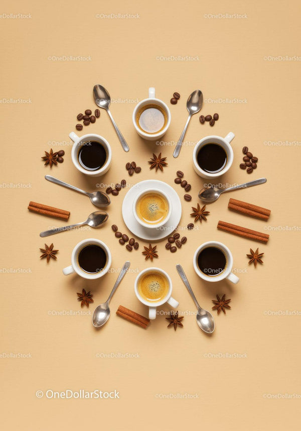 Assorted coffee cups with spices and spoons on beige