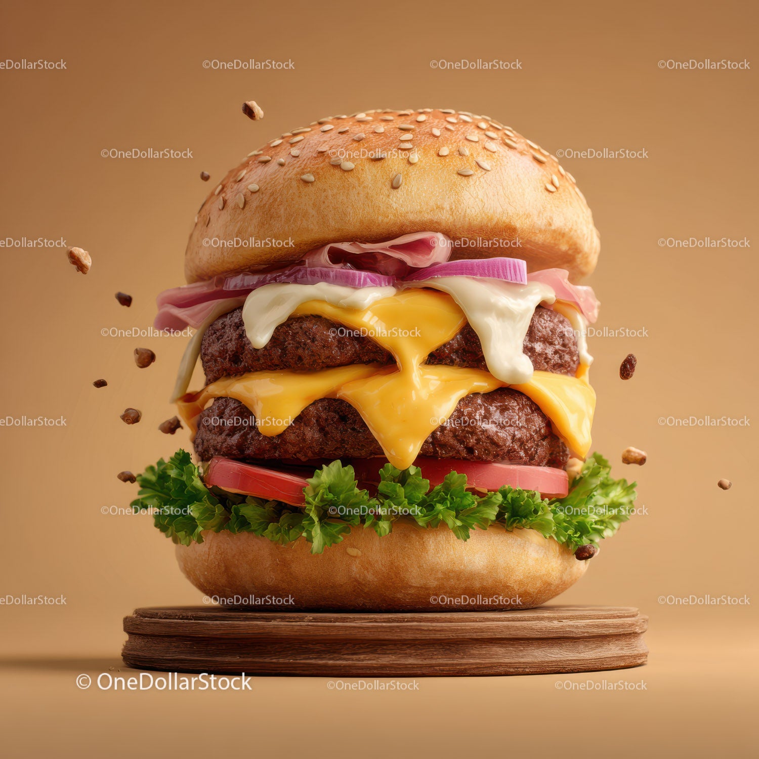 Gourmet Double Cheeseburger with Lettuce Tomatoes and Onions