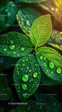 Fresh Green Leaves with Dew Drops in Morning Light