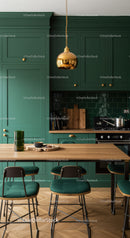 Modern Green Kitchen with Wooden Dining Area and Gold Pendant Light