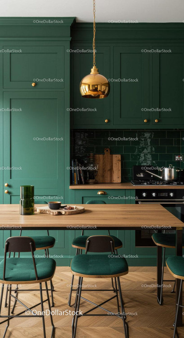 Modern Green Kitchen with Wooden Dining Area and Gold Pendant Light