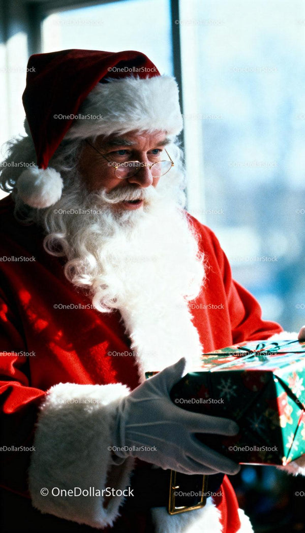 Santa Claus Holding Festive Wrapped Christmas Gift