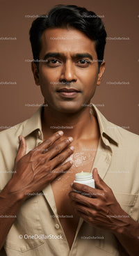Portrait of a Man Applying Lotion to Chest for Skincare Routine