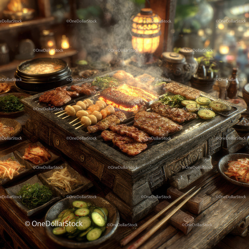 Korean Barbecue Platter with Grilled Meat and Side Dishes