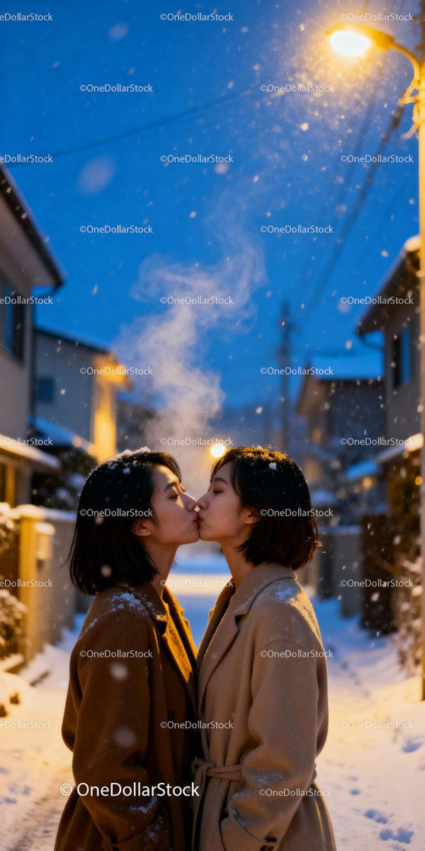 Couple sharing a tender kiss on snowy winter evening