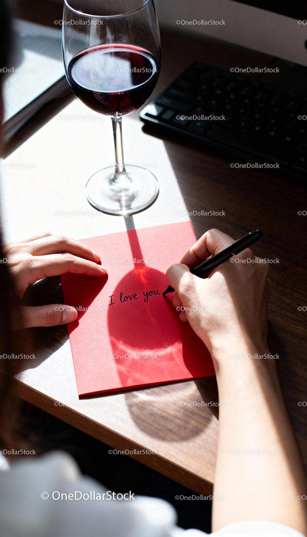 Writing a heartfelt love note beside red wine glass