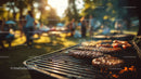 Barbecue Grill with Sausages Cooking in the Sunset Outdoor Setting