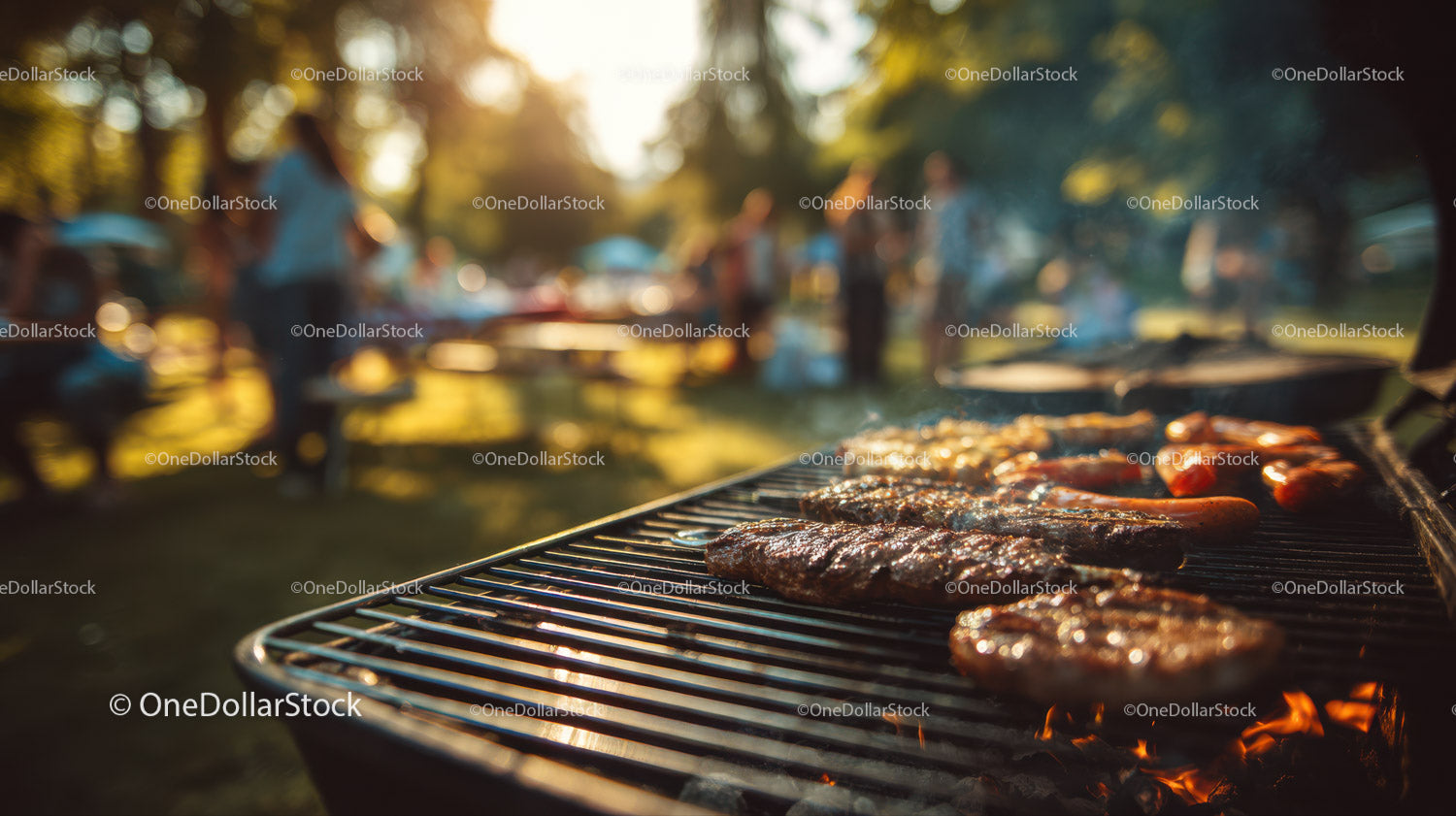 Barbecue Grill with Sausages Cooking in the Sunset Outdoor Setting