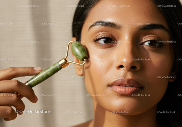 Woman Using Jade Roller for Facial Massage and Skincare