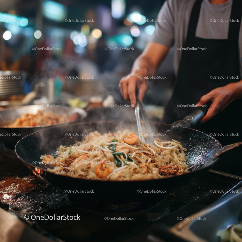 Stir-Fried Noodles with Vegetables in a Professional Street Food Setting