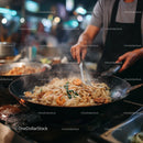 Stir-Fried Noodles with Vegetables in a Professional Street Food Setting