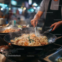 Stir-Fried Noodles with Vegetables in a Professional Street Food Setting