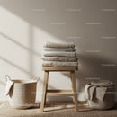 Folded Towels on Wooden Stool in Cozy Minimalist Room