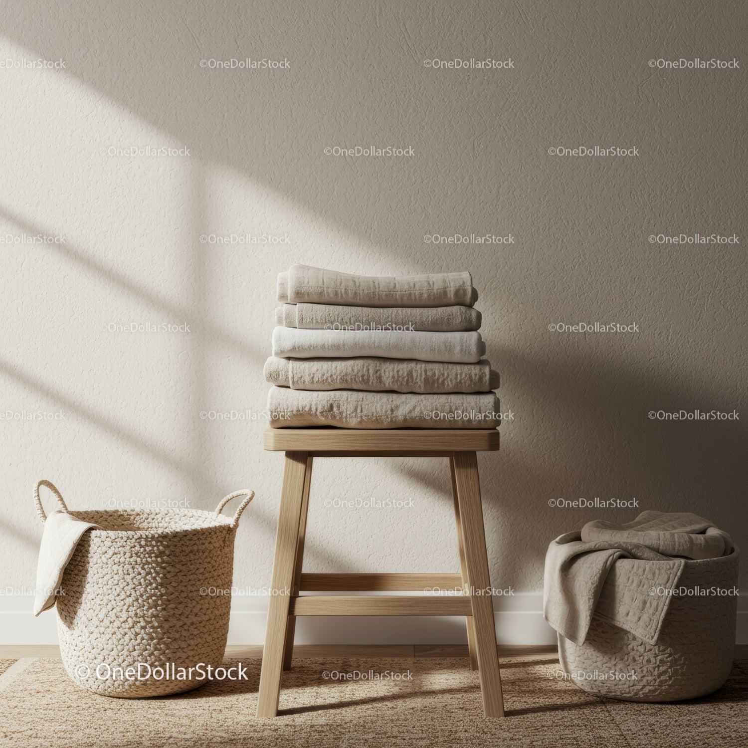Folded Towels on Wooden Stool in Cozy Minimalist Room