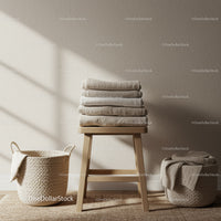 Folded Towels on Wooden Stool in Cozy Minimalist Room