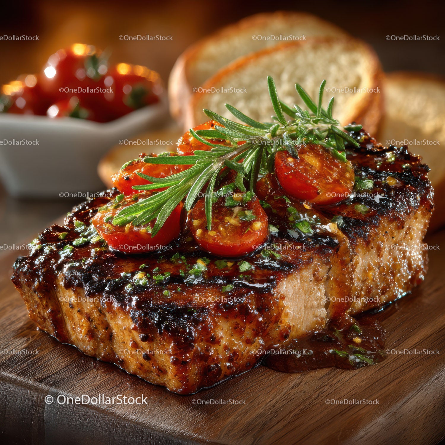 Juicy Grilled Steak with Cherry Tomatoes and Fresh Herbs on Wooden Board