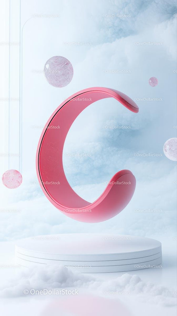 Pink Crescent Moon Sculpture Floating in Sky with Clouds