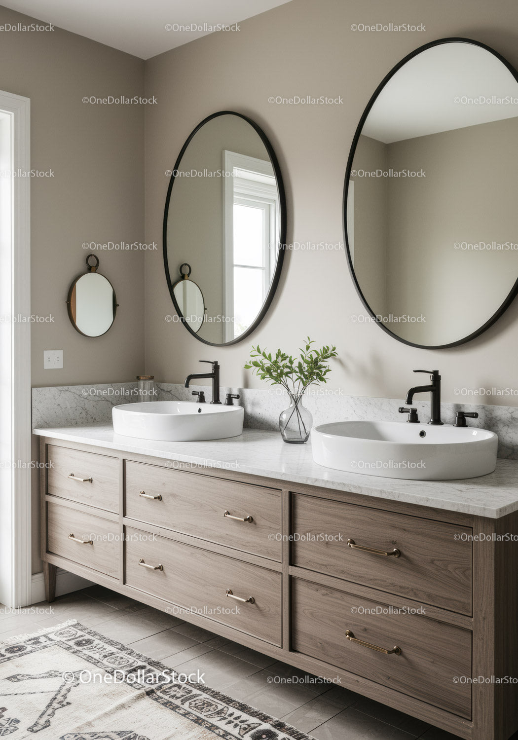 Elegant Modern Bathroom with Wooden Vanity and Oval Mirrors