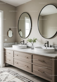 Elegant Modern Bathroom with Wooden Vanity and Oval Mirrors