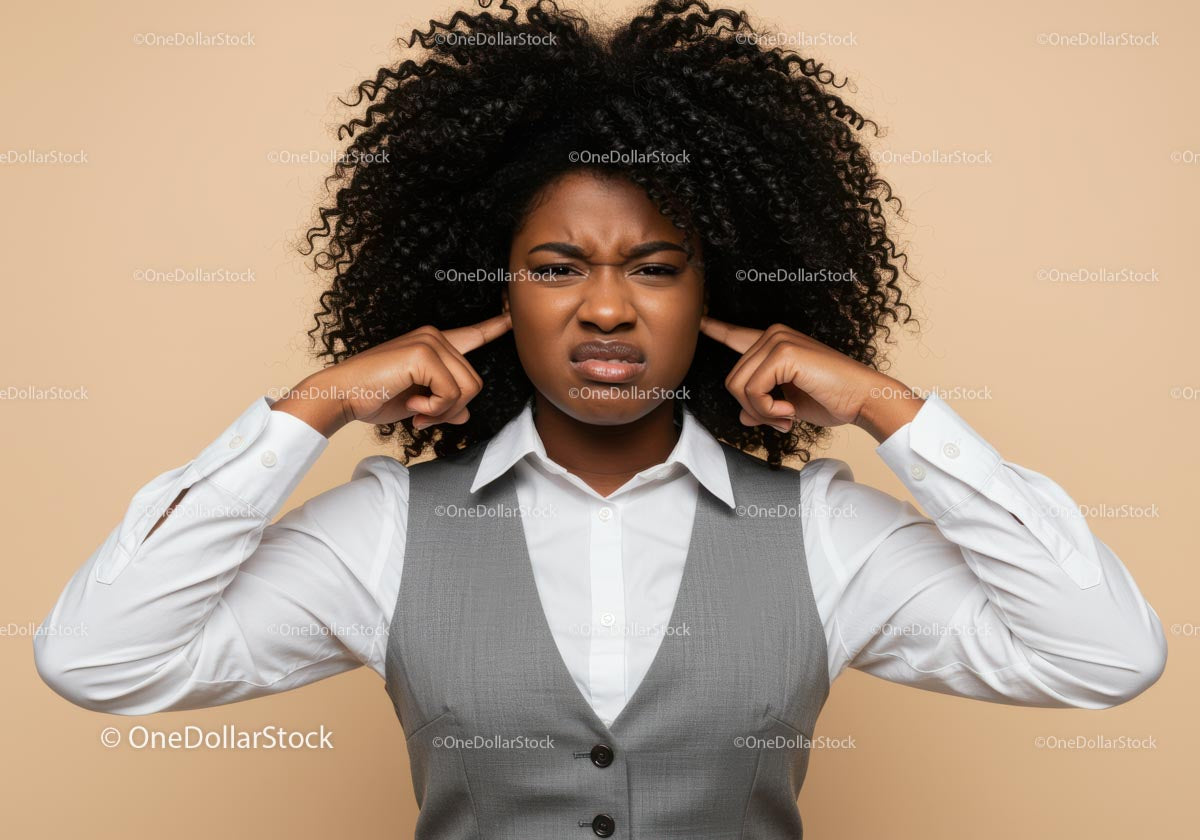 Frustrated Woman Covering Ears with Annoyed Expression