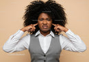 Frustrated Woman Covering Ears with Annoyed Expression