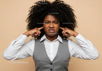 Frustrated Woman Covering Ears with Annoyed Expression
