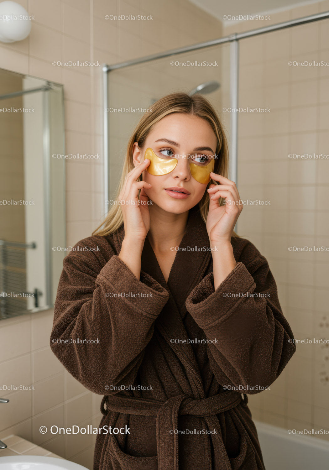 Young Woman with Gold Under Eye Patches in Spa Setting