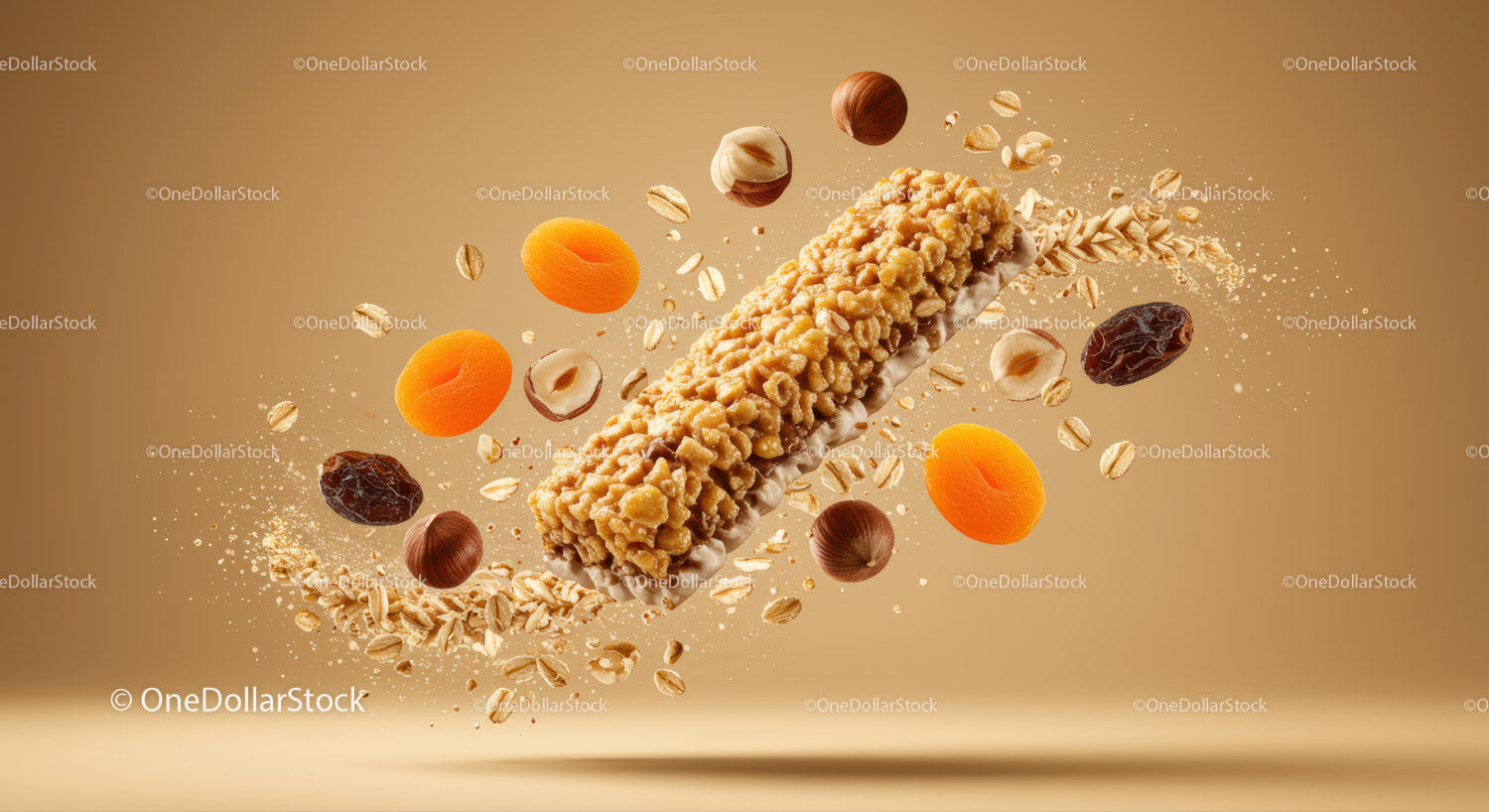 Healthy granola bar with nuts and dried fruits splash