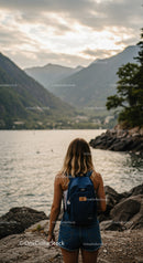 Woman with Backpack Near River with Mountain View During Scenic Sunset