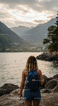 Woman with Backpack Near River with Mountain View During Scenic Sunset