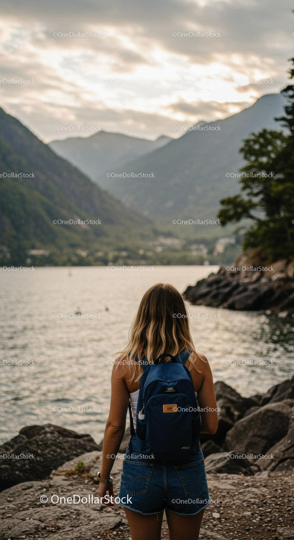 Woman with Backpack Near River with Mountain View During Scenic Sunset