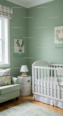 Nursery Room with Baby Crib and Decorative Wall Art in Pastel Green Colors