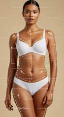 Elegant Female Model in White Underwear with Body Markings for Beauty Showcase